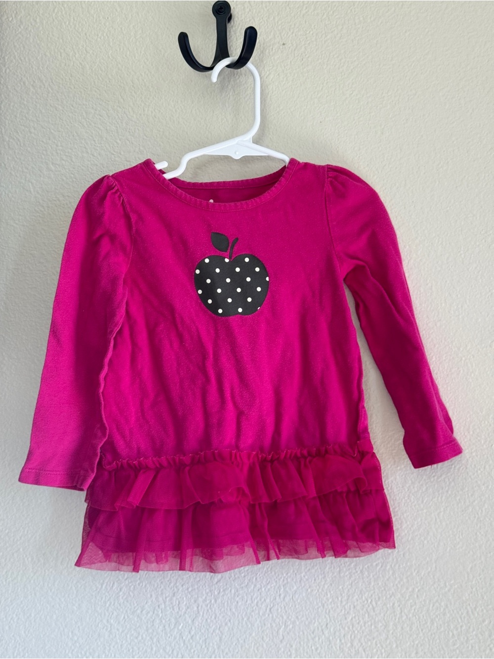 Girls Long-Sleeve Pink Tulle-Hem Tunic with Polka Dot Apple